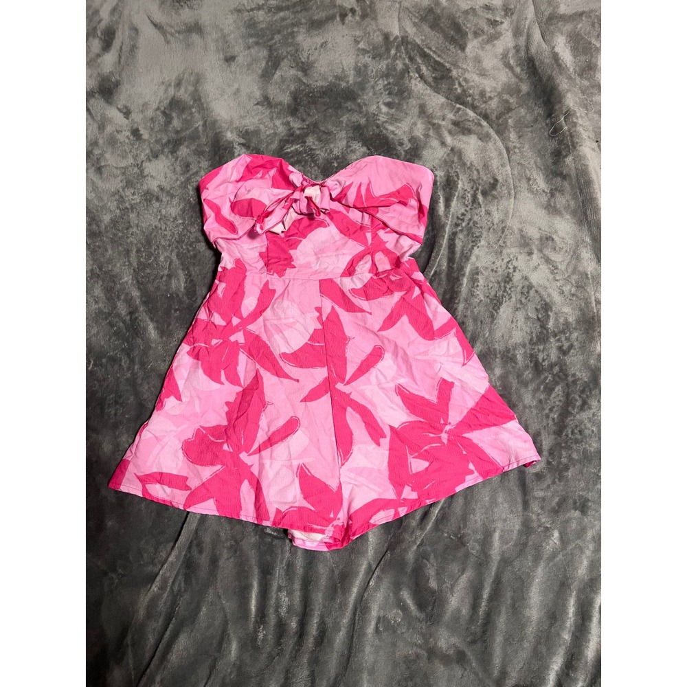 Pink Floral Strapless Romper Sweetheart Neck Smocked Back Tropical Print Medium